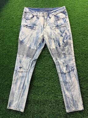 Rue21 Premium Skinny Moto Biker Jeans Mens 34x32 Acid Wash Distressed Stretch